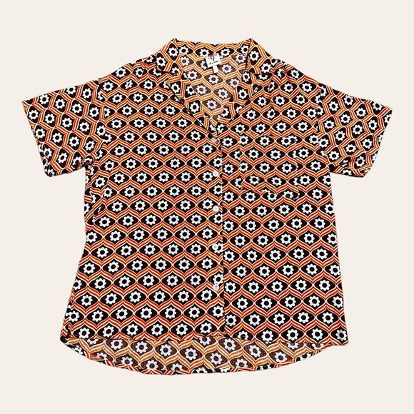 Self Esteem Vintage Inspired Orange & Brown 70s Flower Power Button Down - Picture 1 of 2